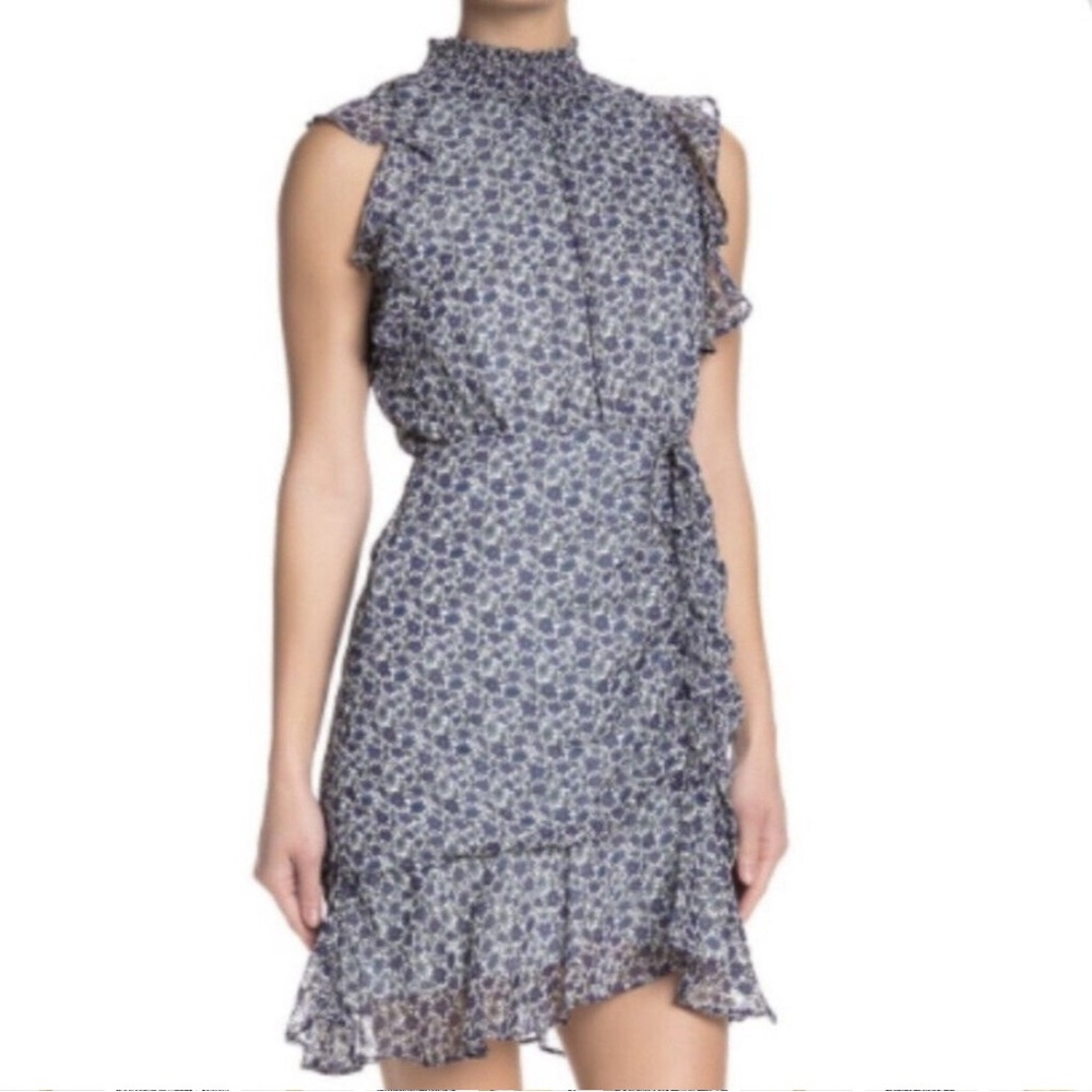 Sam Edelman Metallic Floral Mini Dress Sz 12 Ruffle Mock Neck Rushed Sheer Woven